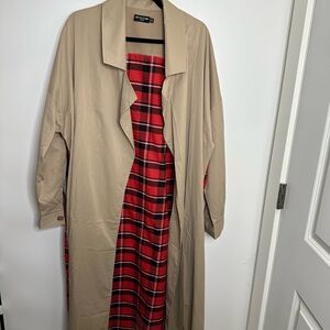 PrettyLittleThing Tan Trench Coat with Red Plaid Lining